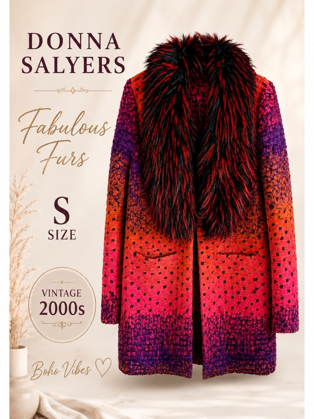 Vintage Donna Salyers Fabulous Furs Sweater Coat Small Boho Faux Fur Collar Y2K